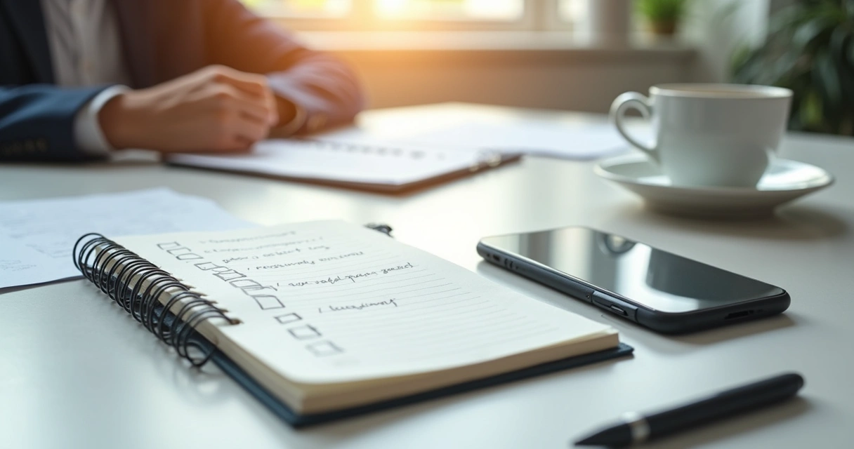 Caderno com checklist ao lado de celular e café em mesa de reunião 