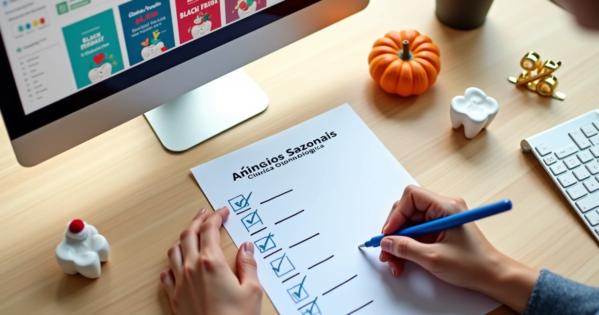 Check-list de campanha sazonal odontológica sobre mesa com elementos festivos 