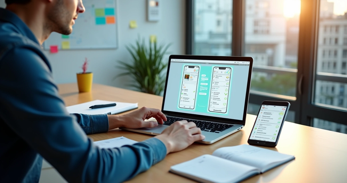 Empreendedor conferindo checklist para lançar app no-code em notebook 