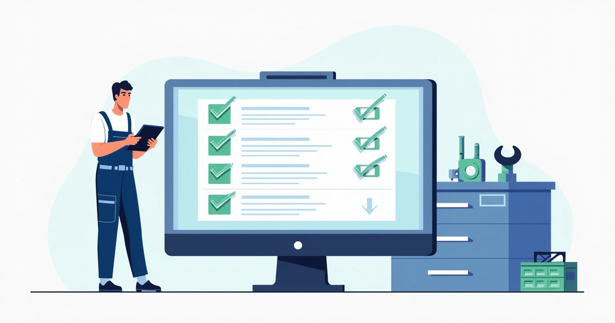 Tela de checklist digital com etapas do serviço técnico