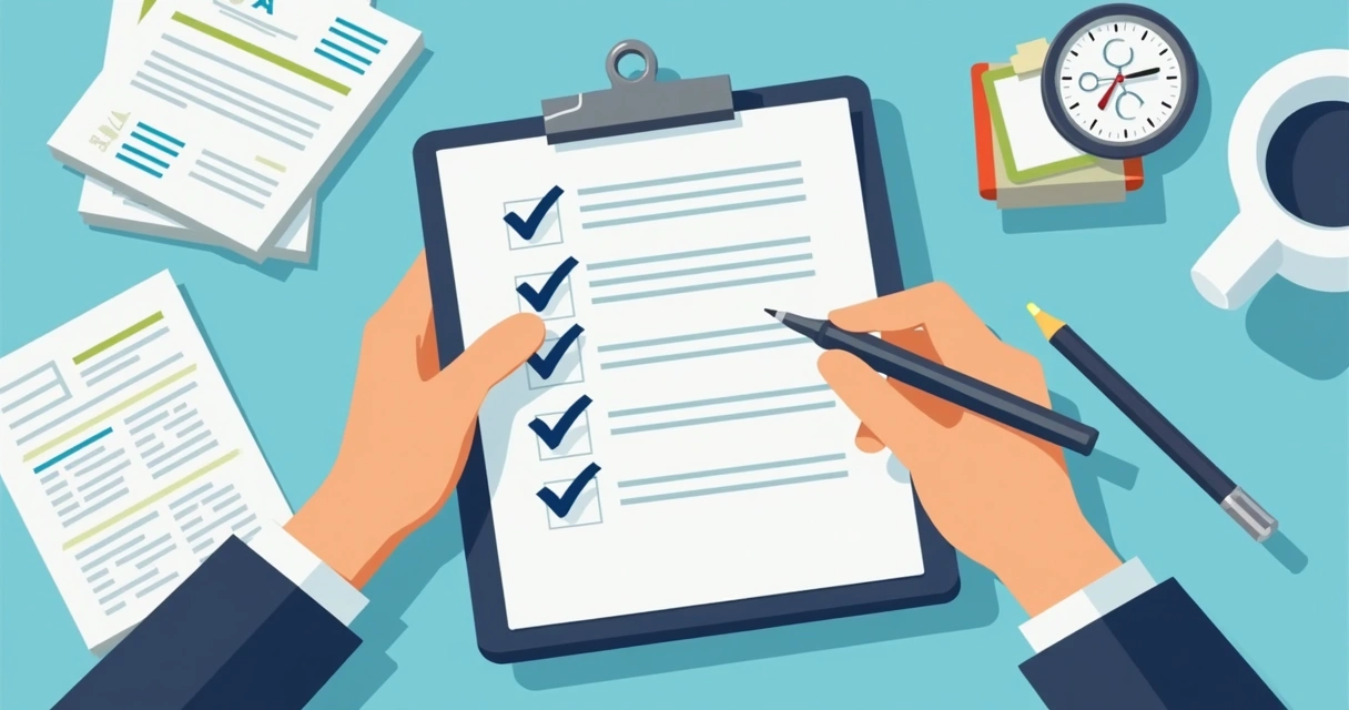 Critérios de Auditoria Clínica: Guia Prático para Profissionais 3 Profissional preenchendo checklist de auditoria clínica em ambiente hospitalar, mesa, caneta e gráficos