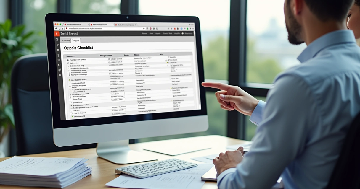 Tela de computador com checklist de auditoria preenchido, planilhas e documentos digitalizados 