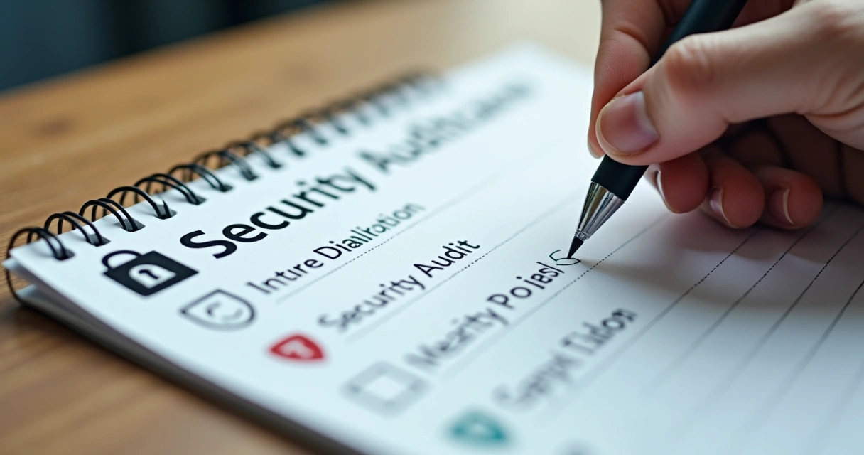 Checklist de auditoria de segurança digital sendo marcado por profissional, caderno sobre mesa, ícones de escudo 
