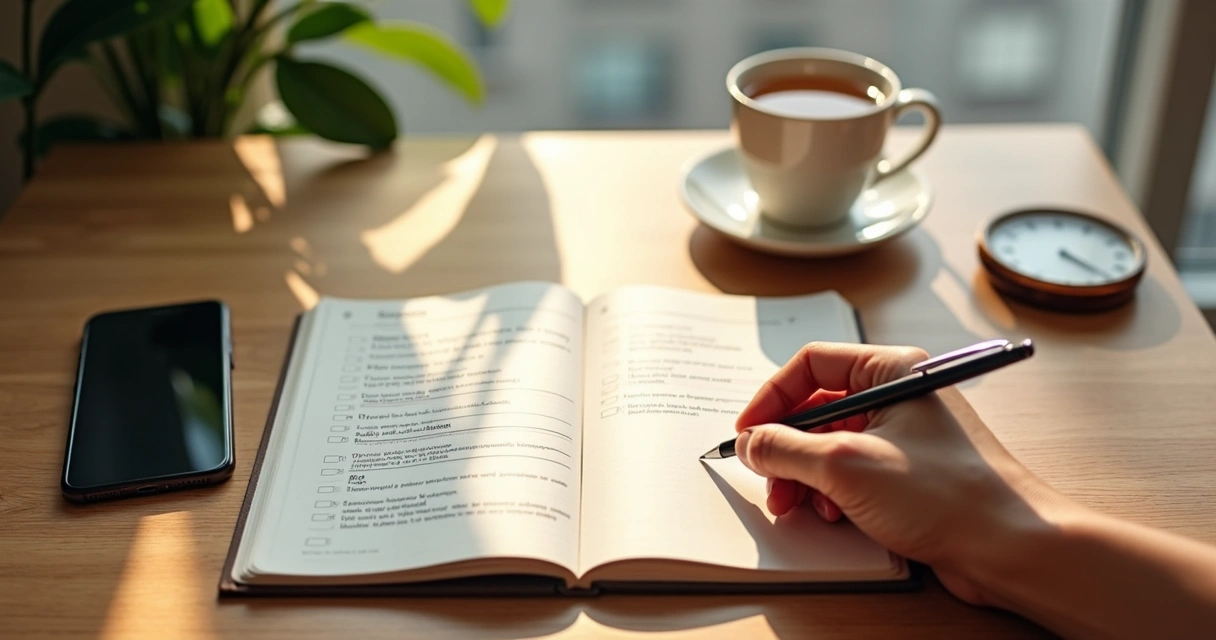 Pessoa escrevendo checklist de autoconsciência em caderno ao lado de chá e janela iluminada 