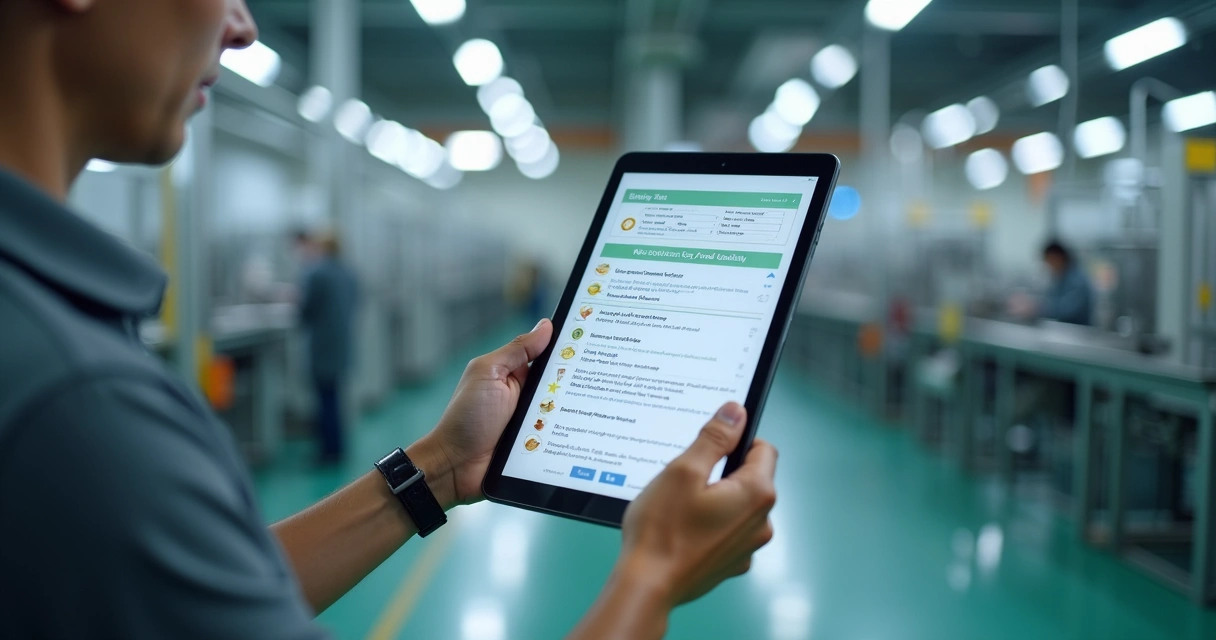 Checklist digital em tablet em ambiente de fábrica 