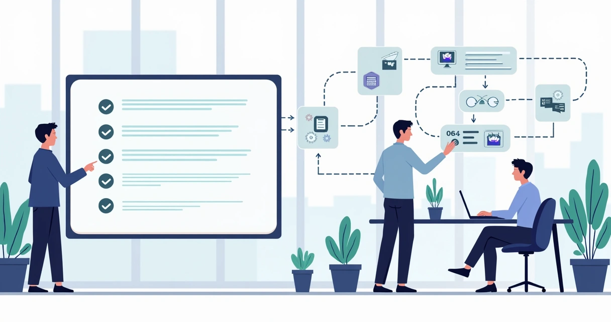 Checklist digital de automação ao lado de fluxos conectados em agência de marketing 