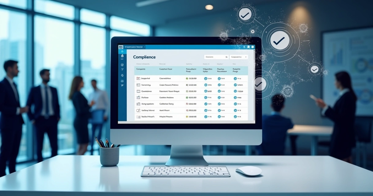 Tela de computador com checklist digital de compliance em destaque 