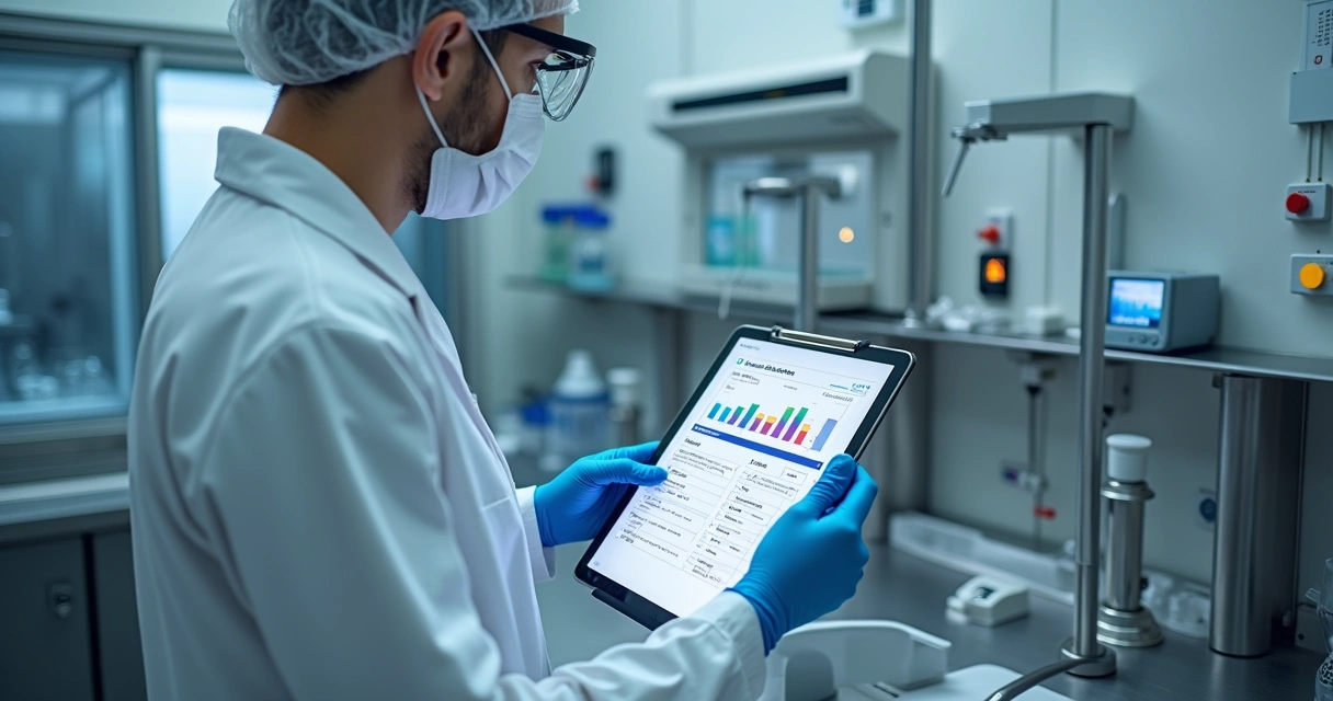 Profissional conferindo checklist de biossegurança em laboratório com sensores de monitoramento 