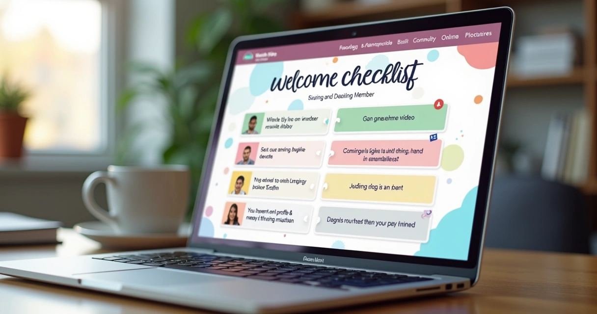 Tela digital com checklist de boas-vindas em plataforma online