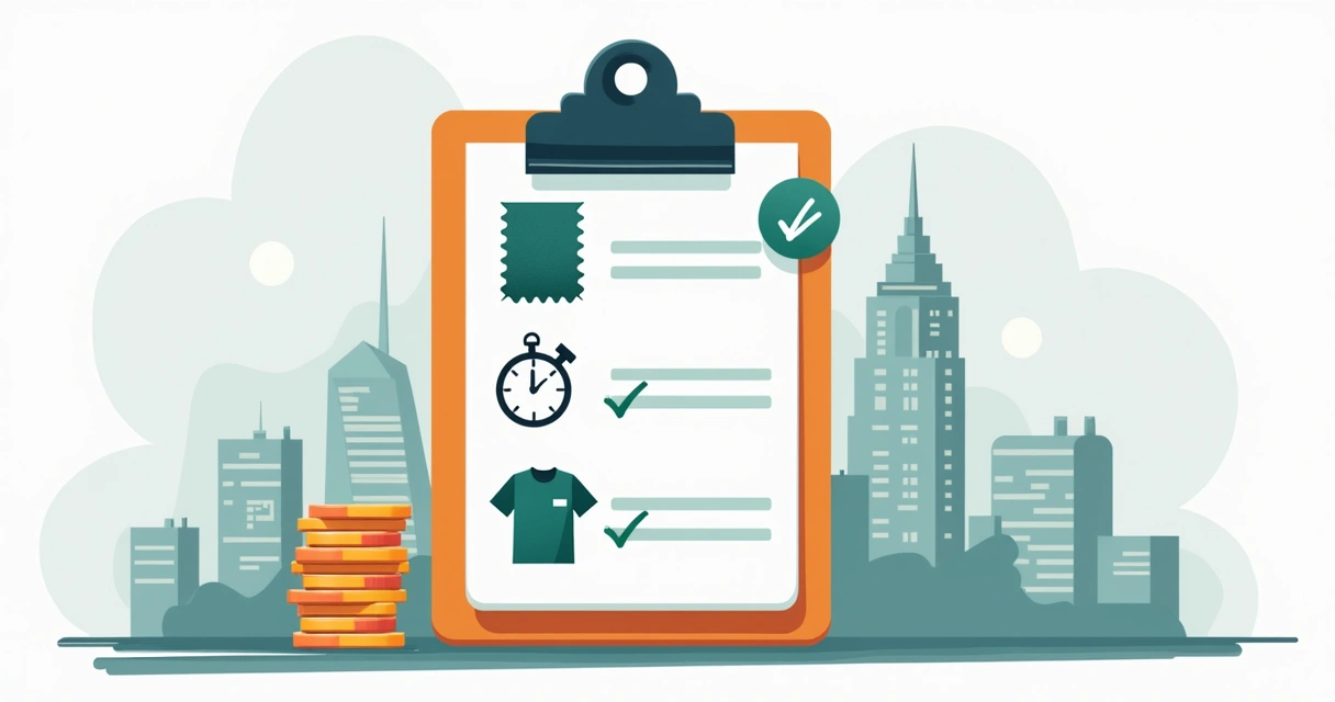 Checklist visual de critérios para escolher camisas personalizadas em Nova Iguaçu, com ícones de tecido, entrega, preço, amostra e atendimento 