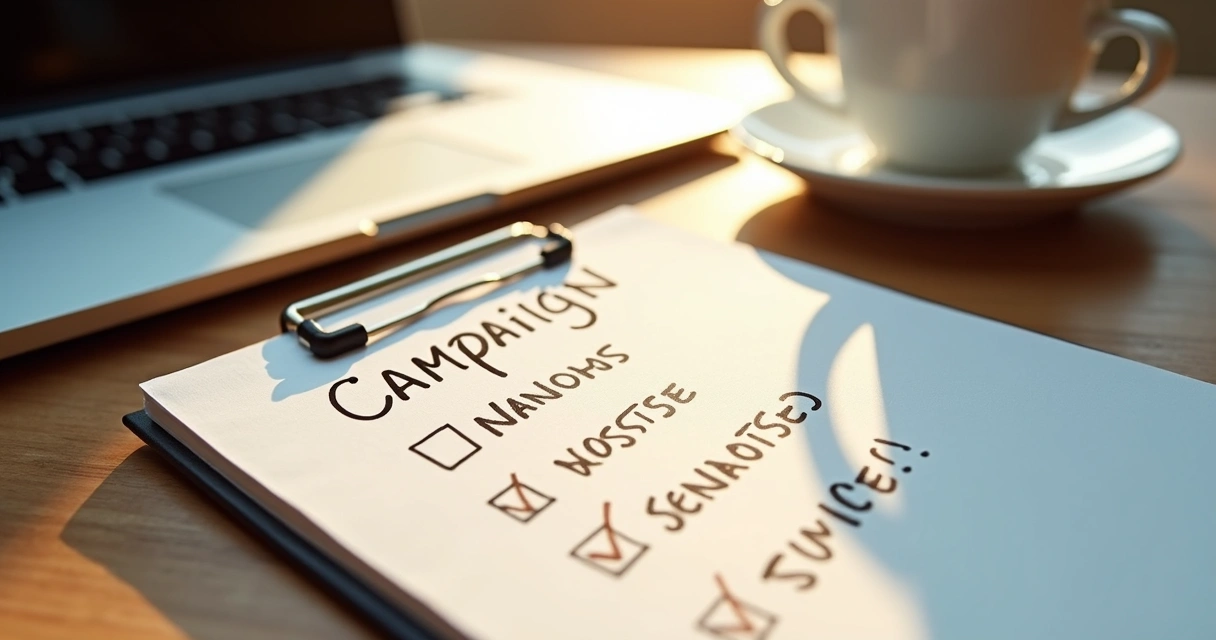 Checklist manuscrito de etapas de campanha B2C ao lado de notebook e xícara 