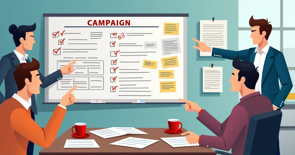 Checklist de campanha política em lousa com equipe discutindo ações e metas para eleição 