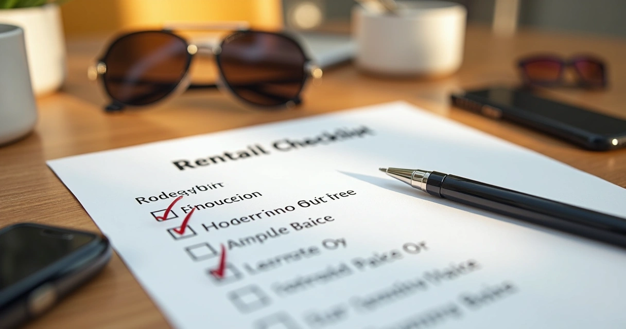 Lista de tarefas para check-out em casa de temporada em cima de uma mesa de madeira com chave ao lado. 