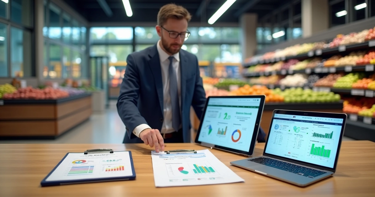 Gestor de varejo analisando checklist de categorias com mais perdas em tablets e gráficos 