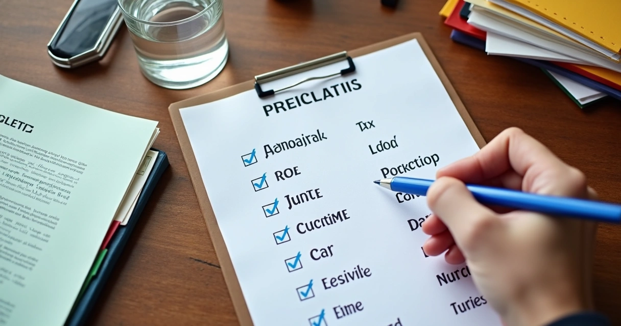 Checklist de certidões negativas sobre contrato imobiliário, carimbo e mão preenchendo formulário