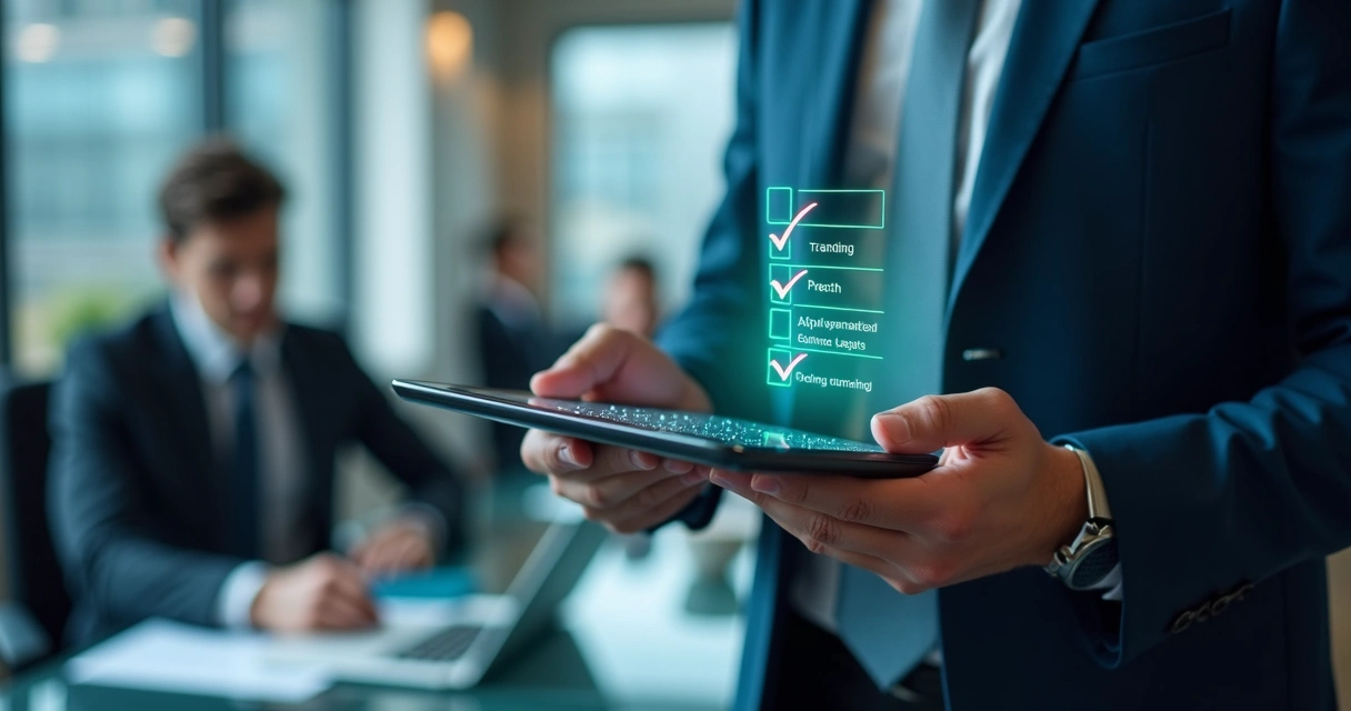 Checklist digital de cibersegurança sendo revisado em tablet por gestor corporativo 