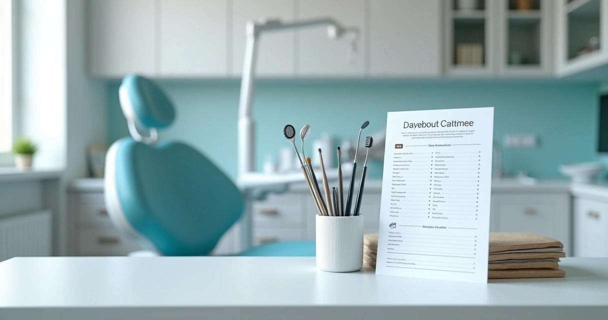 Checklist odontológico ao lado de instrumentos esterilizados