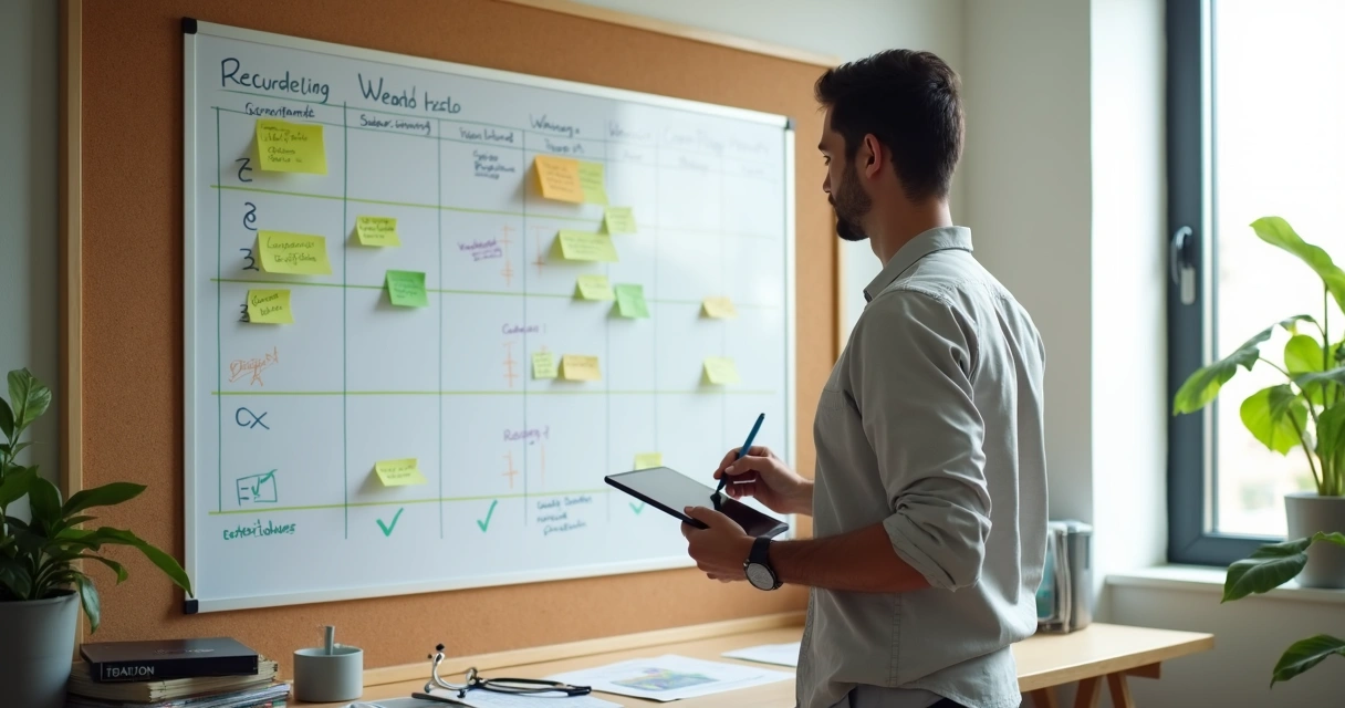 Pequeno empresário em frente a mural com checklist colorido de cobranças organizadas 