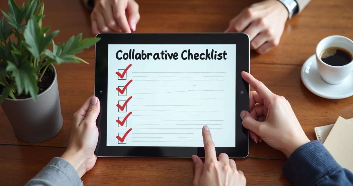 Checklist colaborativo preenchido numa tela digital 