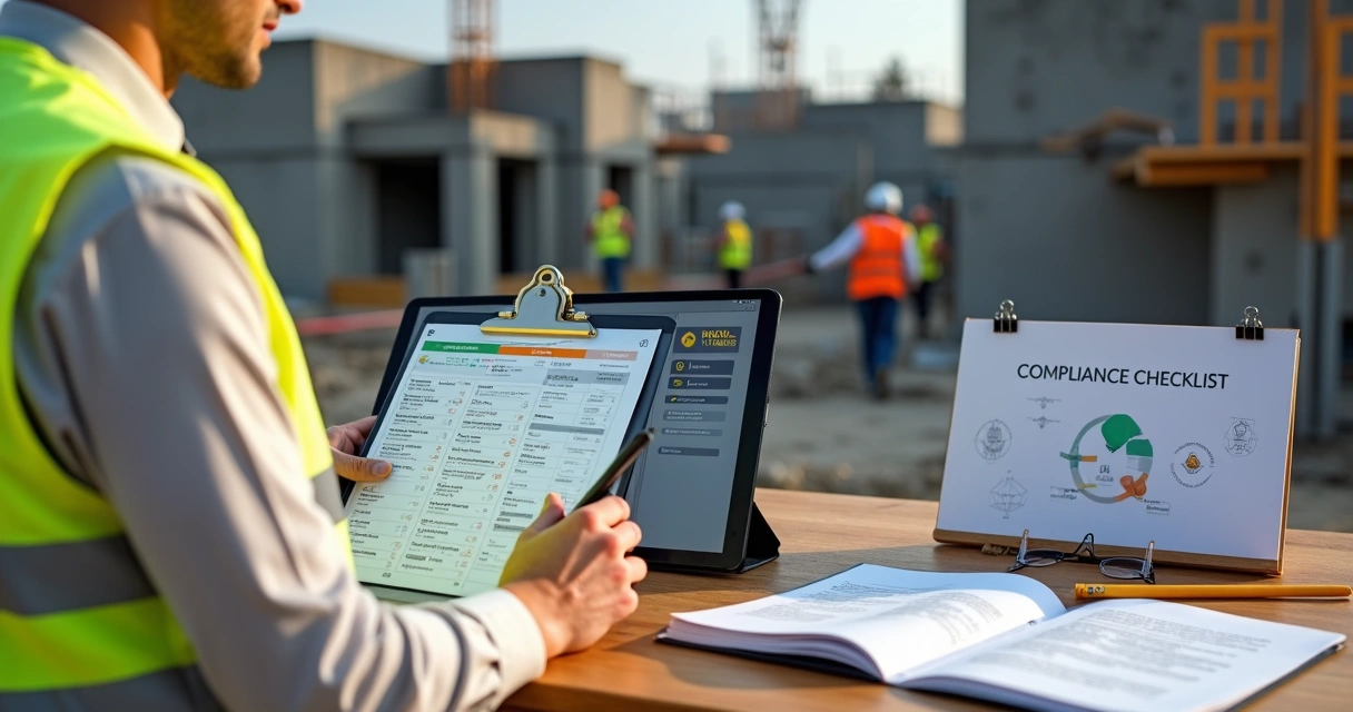 Engenheiro analisando checklist de compliance em obra de construção civil 