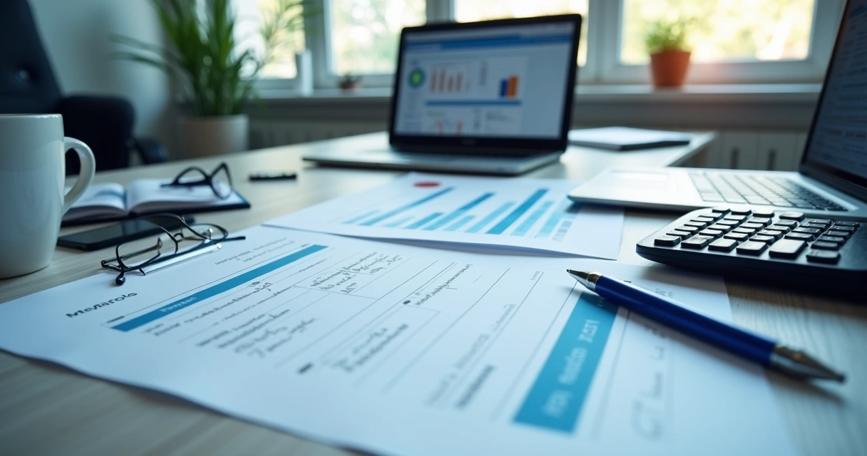 Mesa de trabalho com checklists impressos, calculadora, computadores e documentos fiscais organizados 