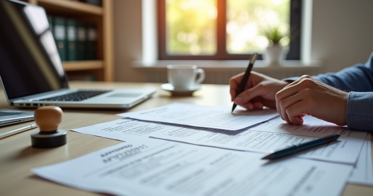 Checklist fiscal com documentos, laptop e carimbo de aprovação