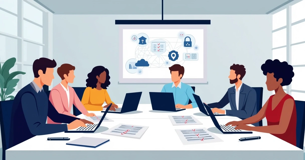 Equipe analisando checklist de compliance de TI em ambiente moderno 