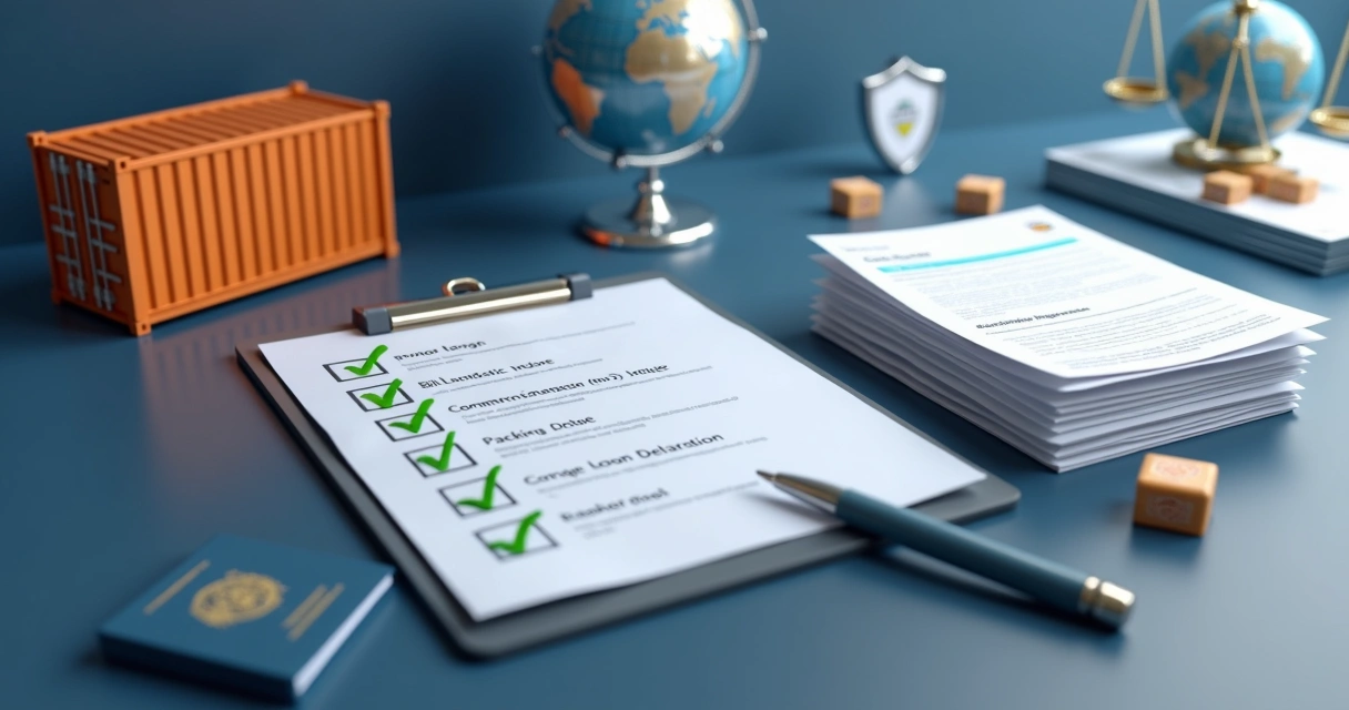 Checklist de documentos de transporte internacional sobre mesa com container e globo terrestre em 3D 