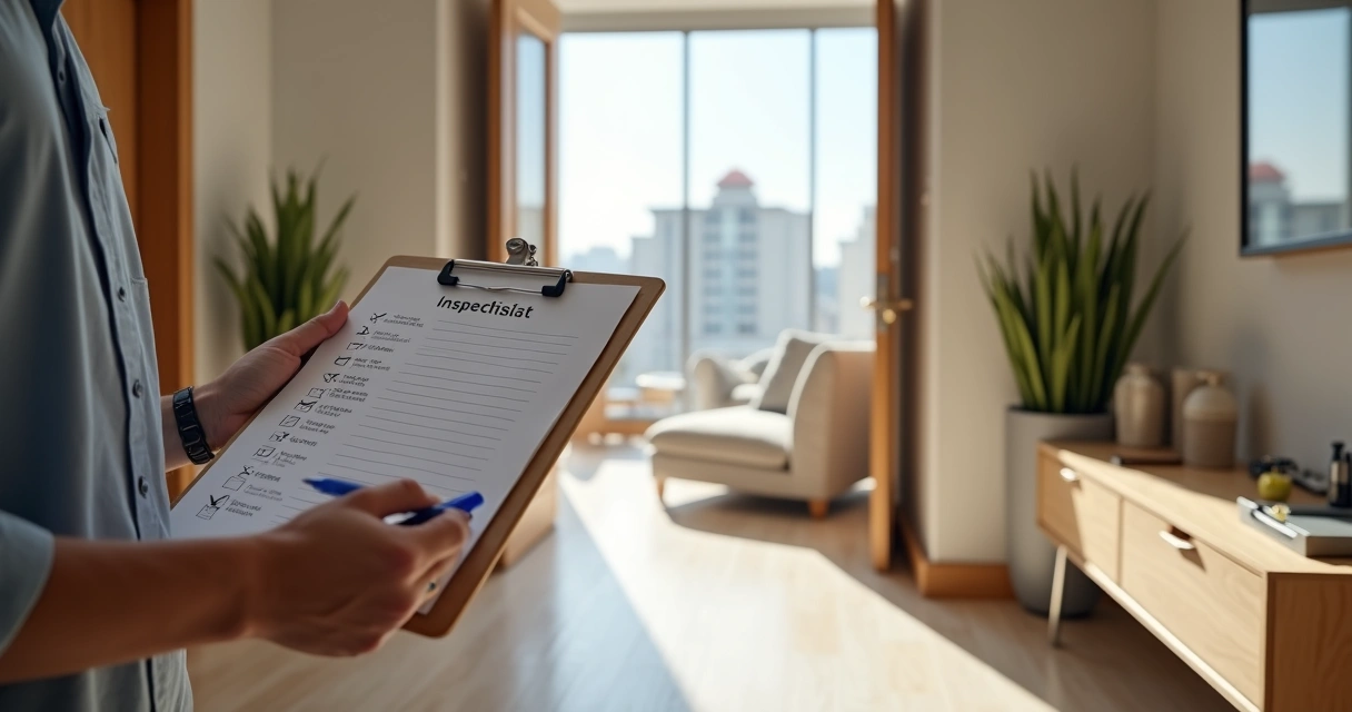 Pessoa marcando checklist de compra de imóvel diante de porta de entrada aberta 