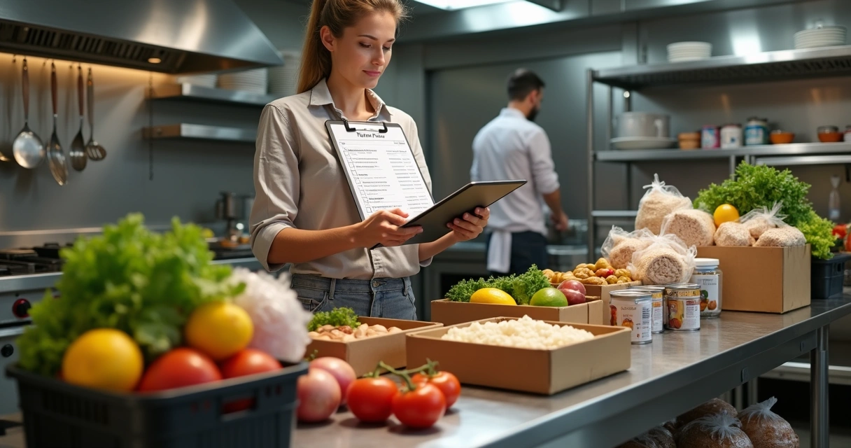 Gerente de restaurante conferindo checklist de compras ao lado de caixas de alimentos na cozinha 