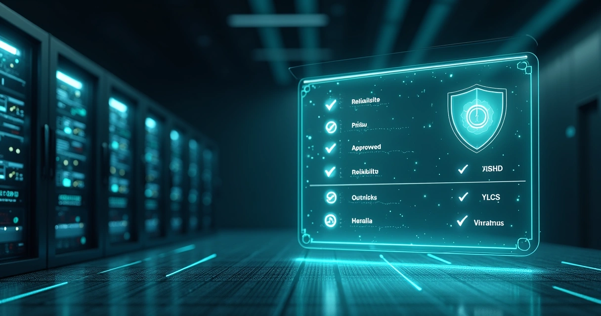 Painel digital flutuante com checklist de confiabilidade ao lado de servidores e cadeado 