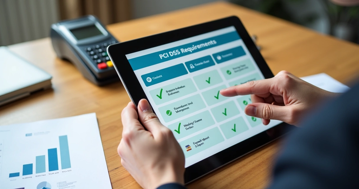 Checklist digital de conformidade PCI DSS em tablet sobre uma mesa 