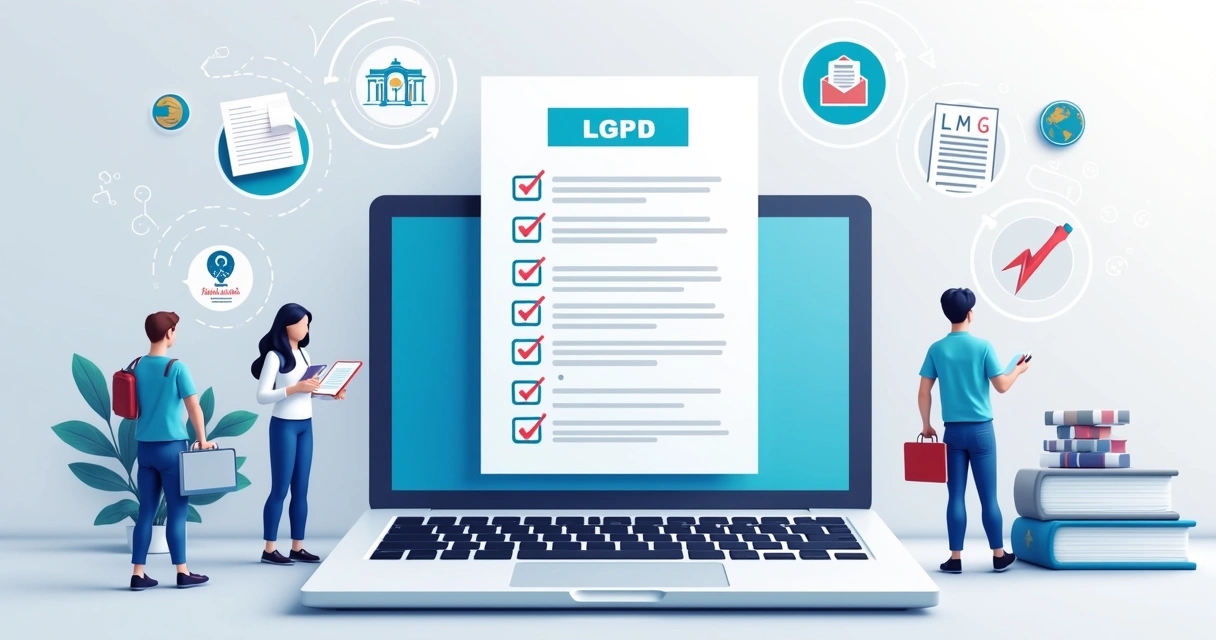 Checklist em tela de notebook, com ícones de privacidade e documentos regulatórios ao lado. 