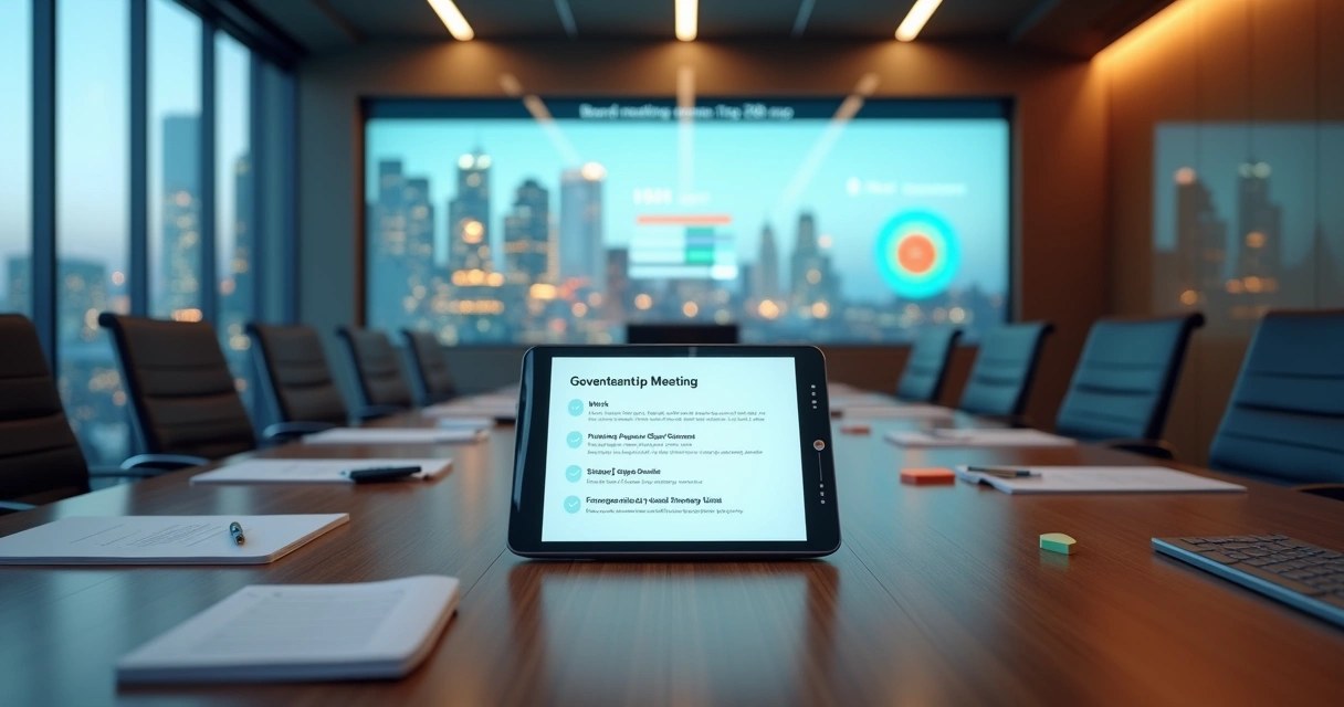 Sala de conselho moderno com mesa redonda, checklist digital projetado e elementos de tecnologia ao redor 