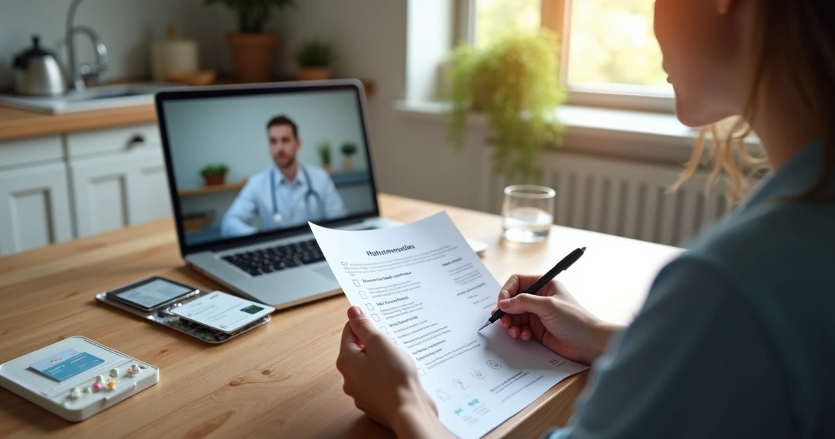 Paciente segura checklist em papel antes de consulta online por telemedicina 