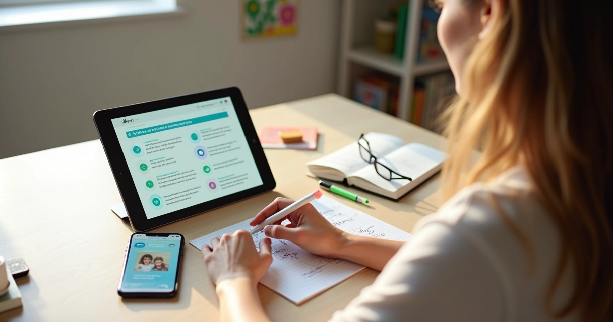 Criadora revisando checklist digital de segurança em conteúdo infantil em um tablet 
