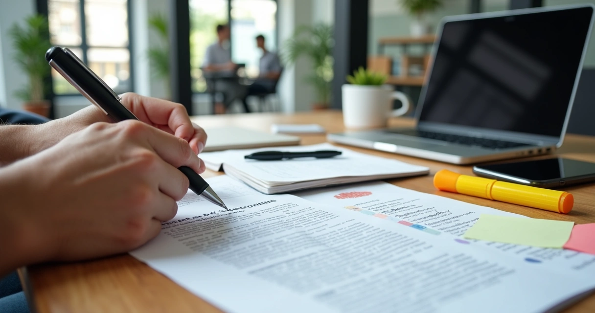 Pessoa analisando checklist de contrato sobre mesa de coworking moderna 