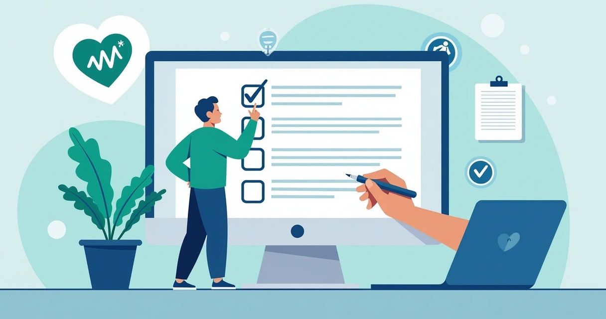 Checklist de copy para landing page de saúde em tela de computador 