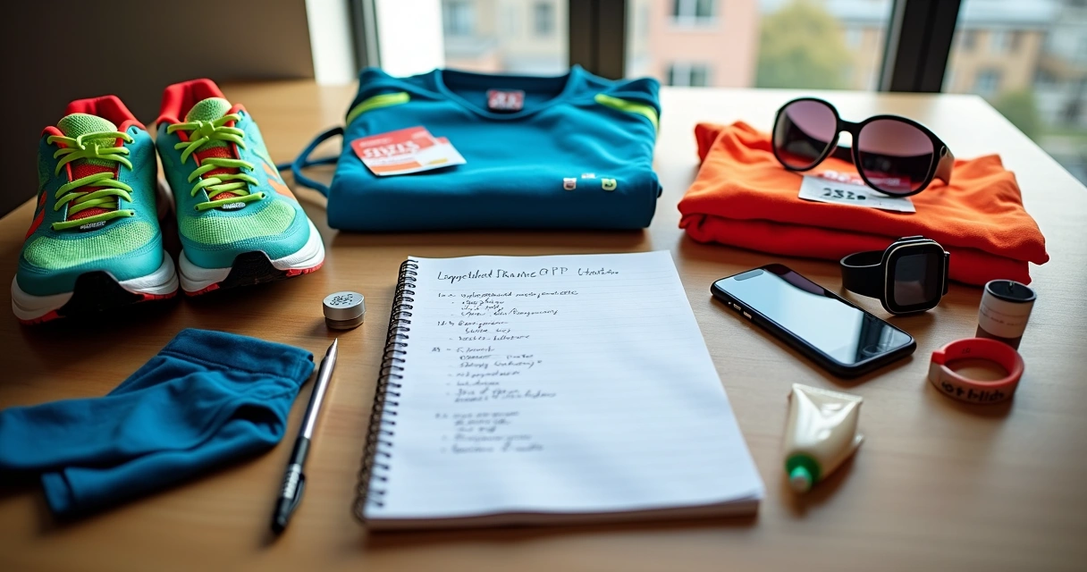 Mesa organizada com checklist e equipamentos de corrida prontos para prova 