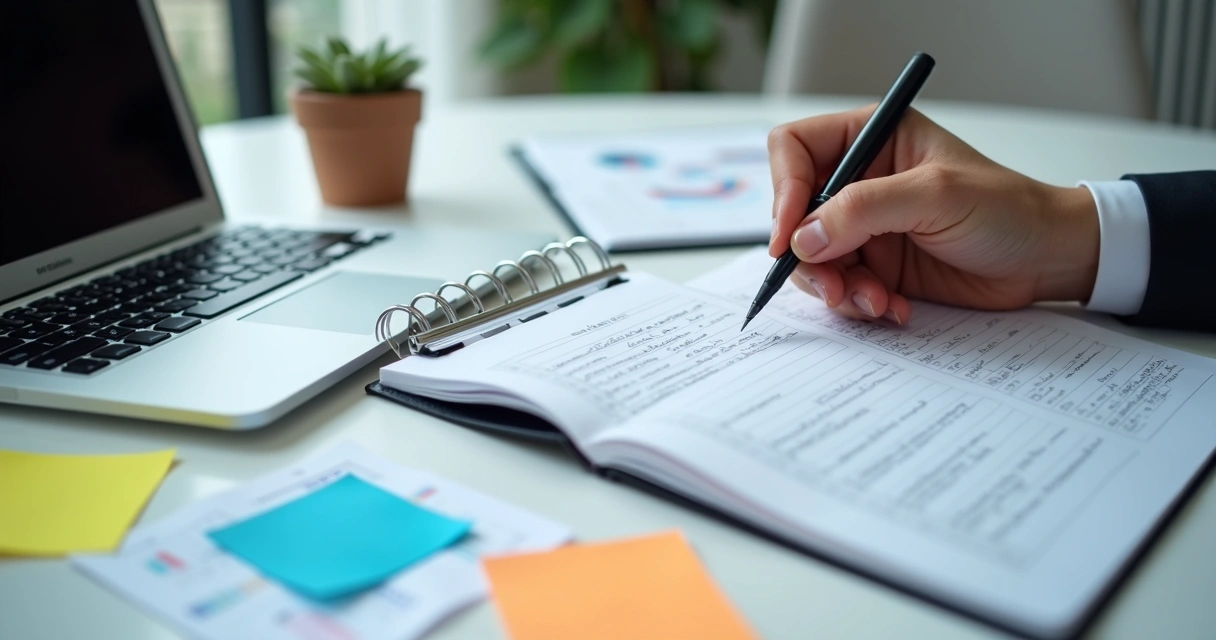 Checklist de ações financeiras em caderno ao lado de notebook 