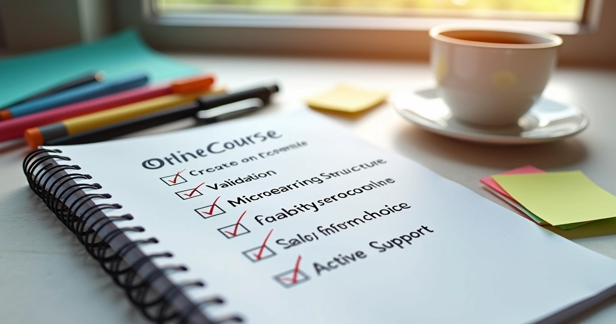 Checklist de criação de curso online em bloco de anotações 