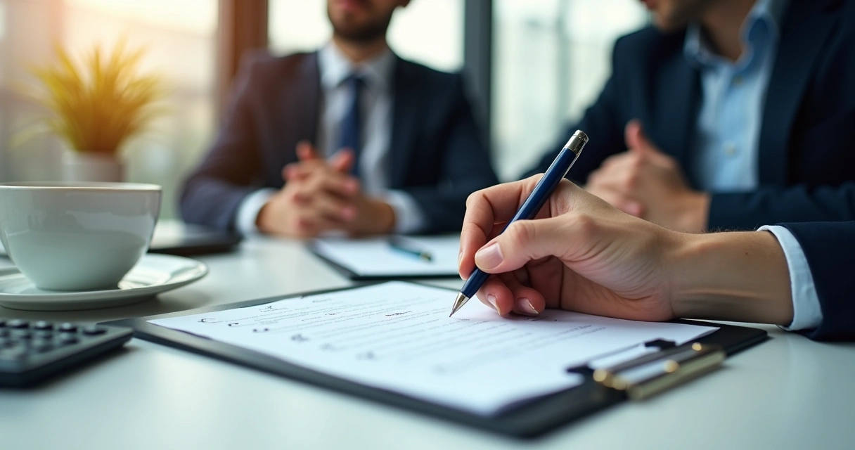 Mão preenchendo checklist em mesa de reunião 