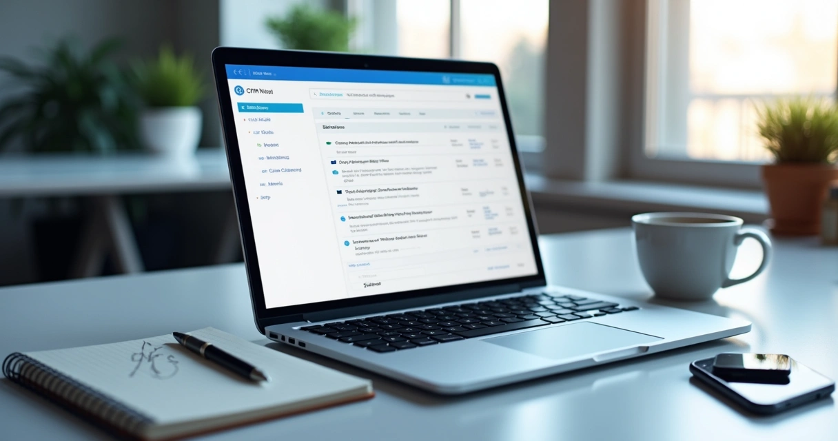 Mesa de trabalho com laptop aberto mostrando checklist digital do CRM, caderno com anotações, caneta, smartphone e café. Ambiente iluminado, detalhes em azul e branco. 