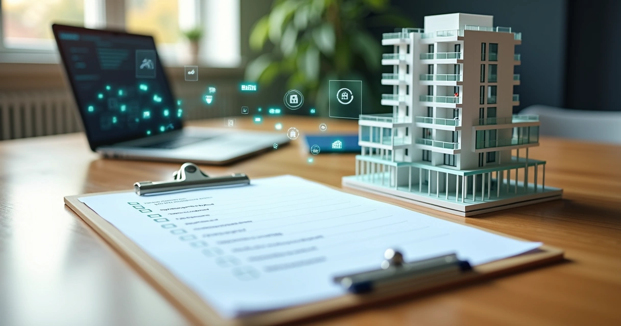 Mesa com prancheta de checklist e miniatura de prédio conectada a ícones digitais de dados 