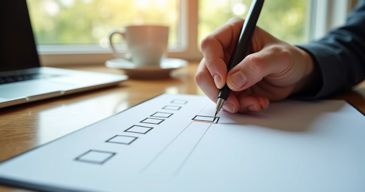Checklist em papel sendo marcado por uma pessoa em escritório com laptop ao fundo 