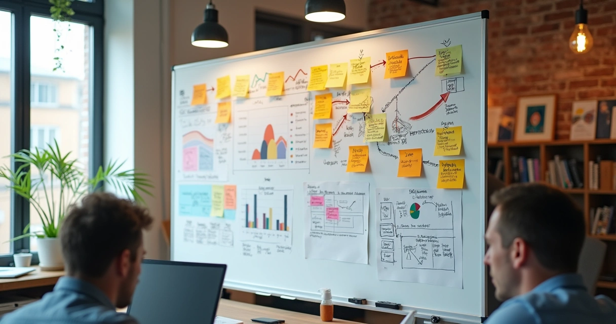 Checklist de delegação em uma PME, quadro branco com post-its coloridos, anotações e gráficos de performance. 