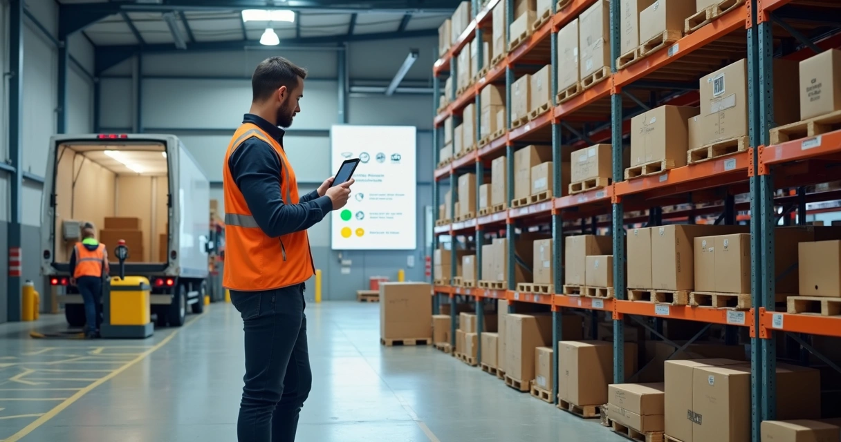 Gestor de distribuidora conferindo checklist de delivery em tablet no galpão 