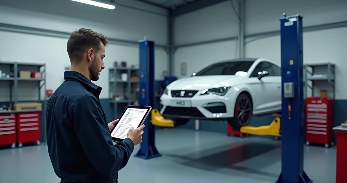 Mecânico conferindo checklist digital em tablet dentro de oficina mecânica organizada com carros e ferramentas ao fundo 