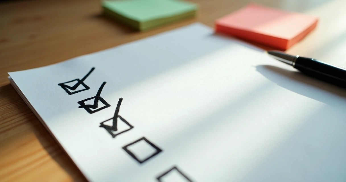 Checklist escrito à mão com caneta e itens marcados em papel branco