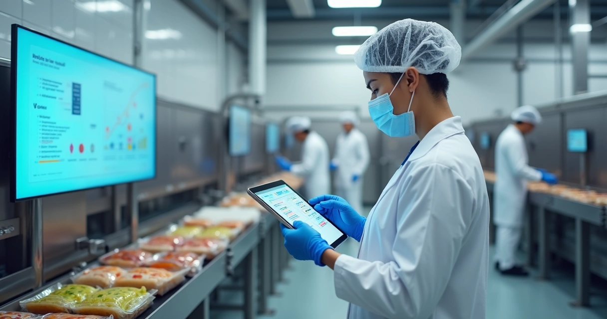 Gestor usando tablet com checklist digital em linha de produção de alimentos 
